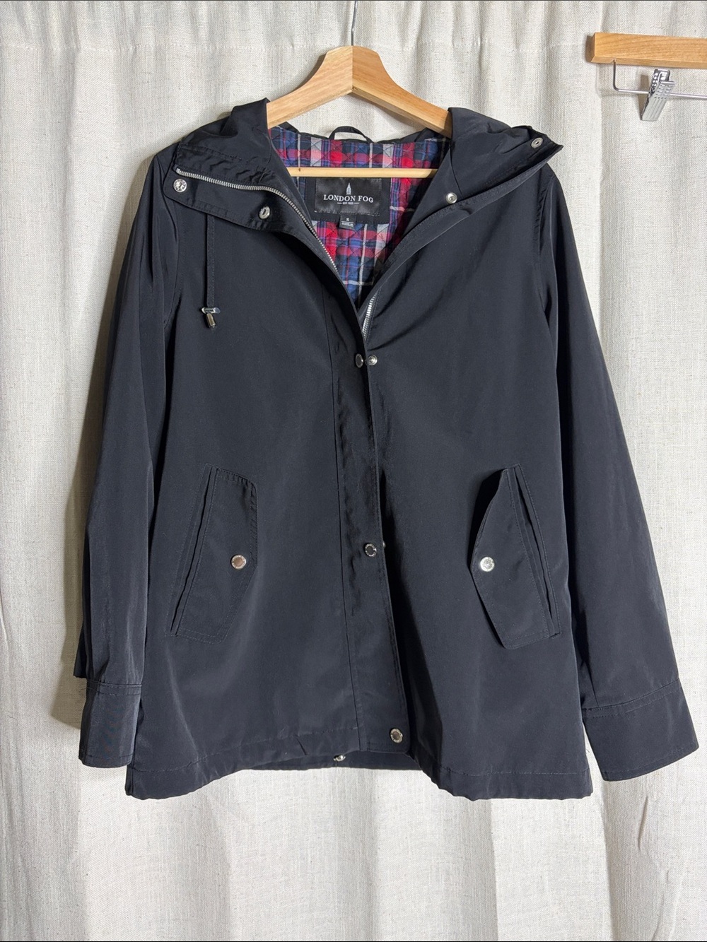 London Fog Black Hooded Trench Coat with Plaid Lining